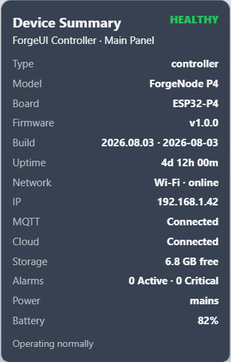 ForgeUI Device Summary Card showing overall device and system health